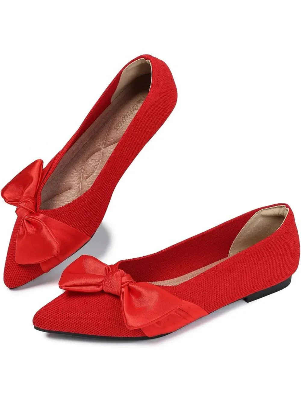 Women's Red Mesh Pointed Toe Ballet Slip On Comfortable  Flats with Bow Shoes